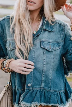 Peacock Blue Raw Edge Ruffled Short Sleeve Denim Jacket