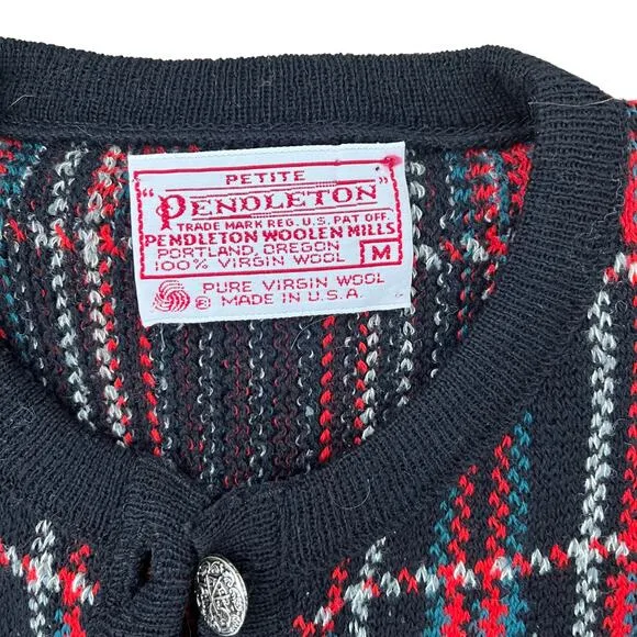 Pendleton 100% Wool Red Navy Plaid Tartan Cardigan Size M Petites 90s Vintage