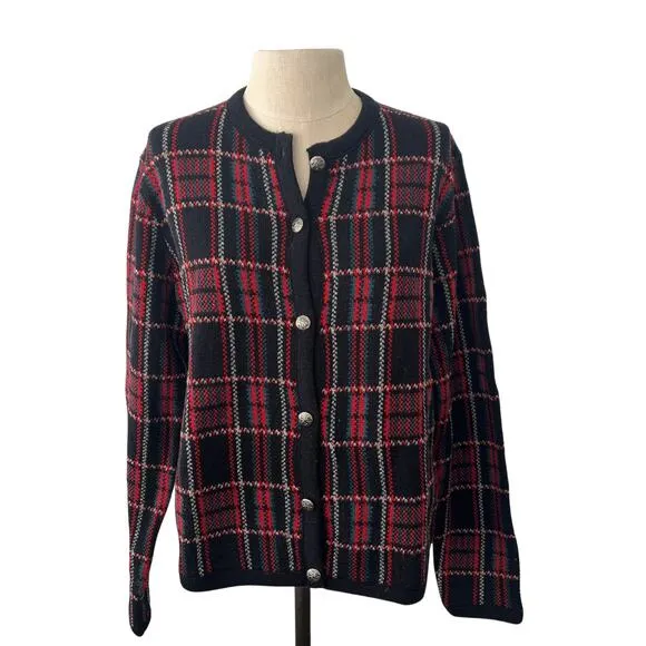 Pendleton 100% Wool Red Navy Plaid Tartan Cardigan Size M Petites 90s Vintage