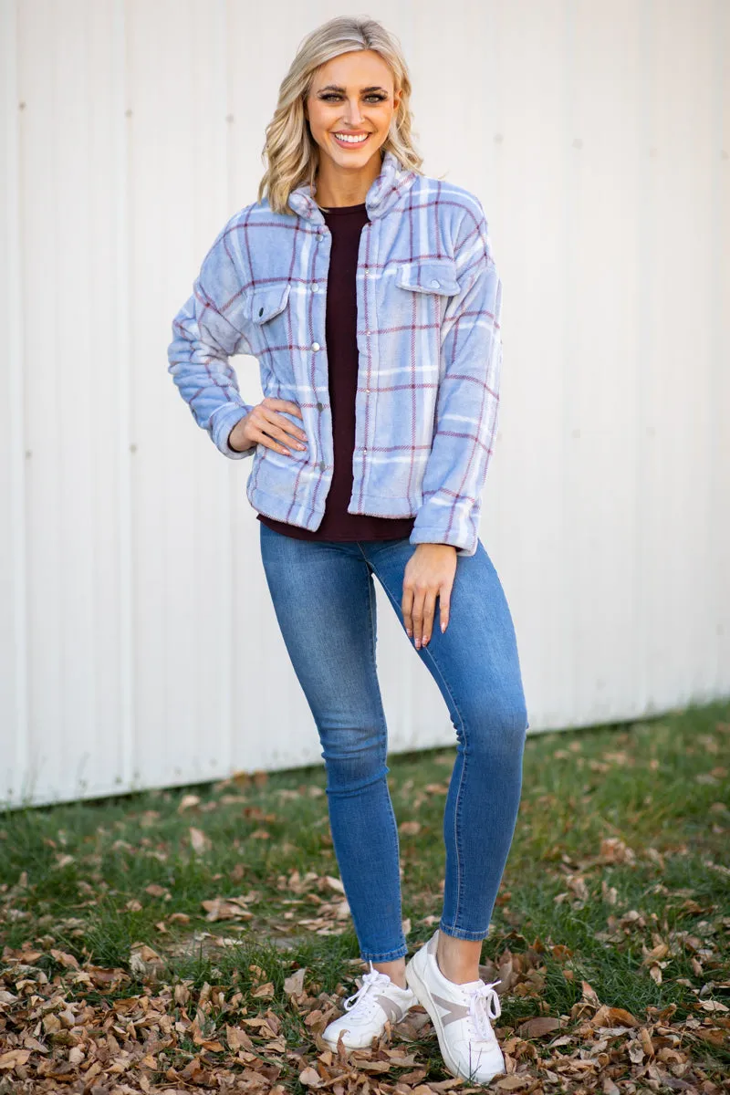 Periwinkle Plaid Fuzzy Plaid Jacket