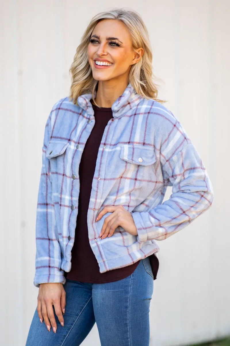 Periwinkle Plaid Fuzzy Plaid Jacket