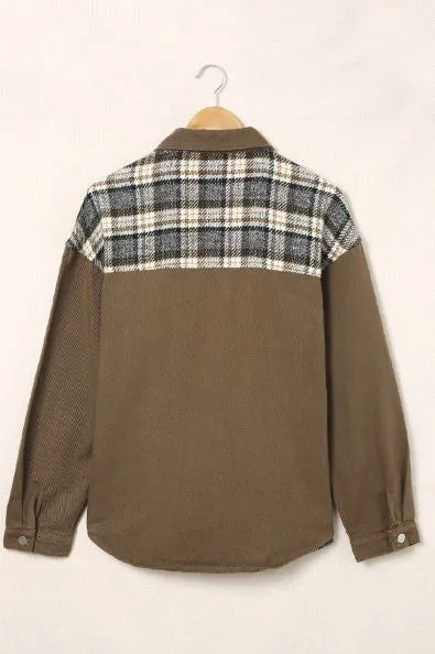 Phelix Plaid Patchwork Pockets Denim Jacket - Brown