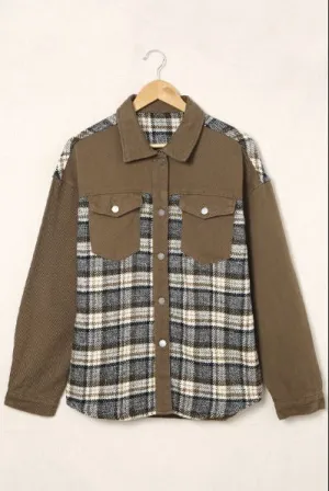 Phelix Plaid Patchwork Pockets Denim Jacket - Brown