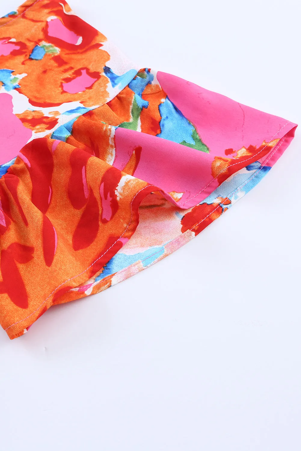 Pink Abstract Print V Neck Flutter Sleeve Blouse