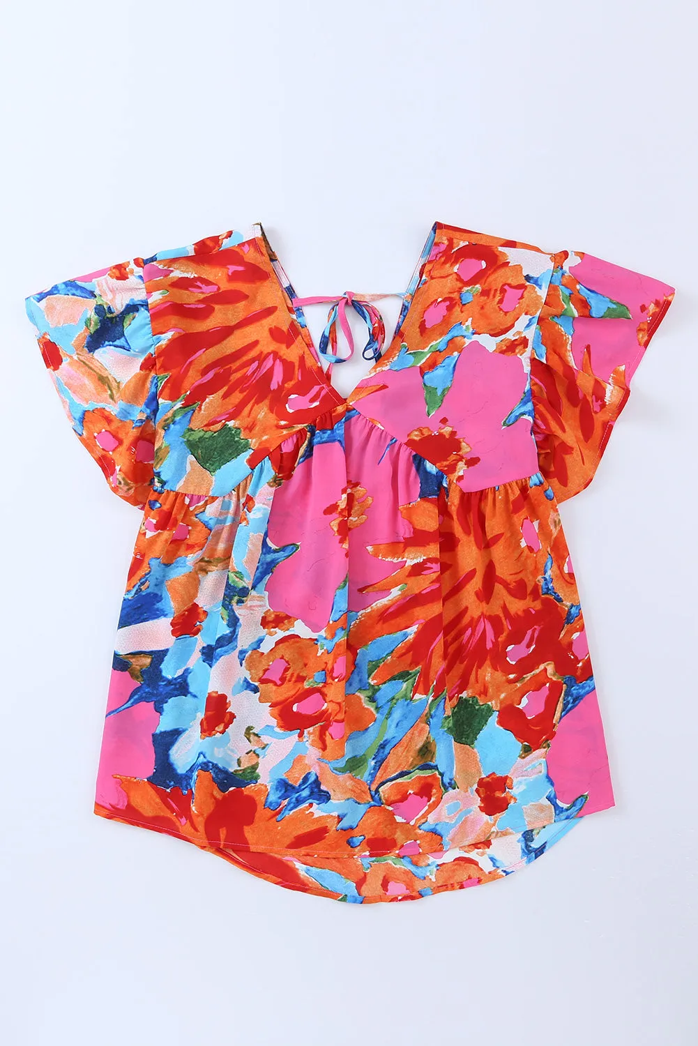 Pink Abstract Print V Neck Flutter Sleeve Blouse