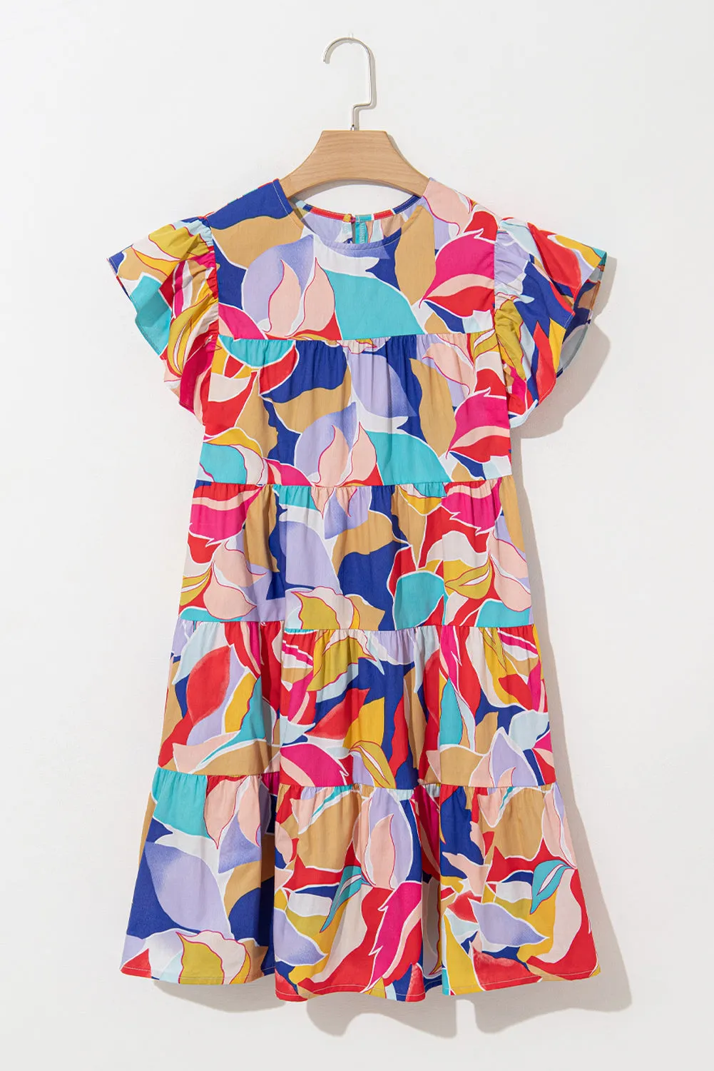 Pink Abstract Printed Ruffled Flutter Sleeve Tiered Mini Dress