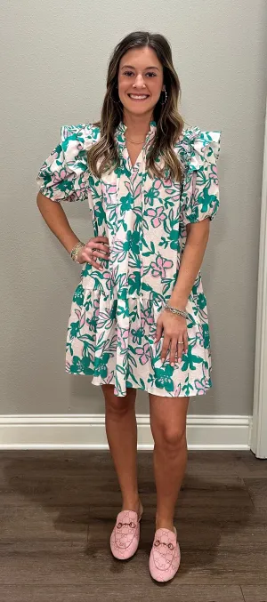 Pink & Green Floral Dress w/ Ruffle & Puff Sleeve Details
