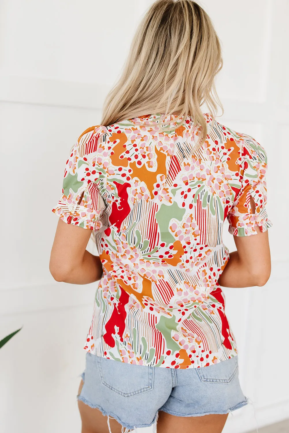 Pink Floral Print Button Frilled Short Sleeve Blouse