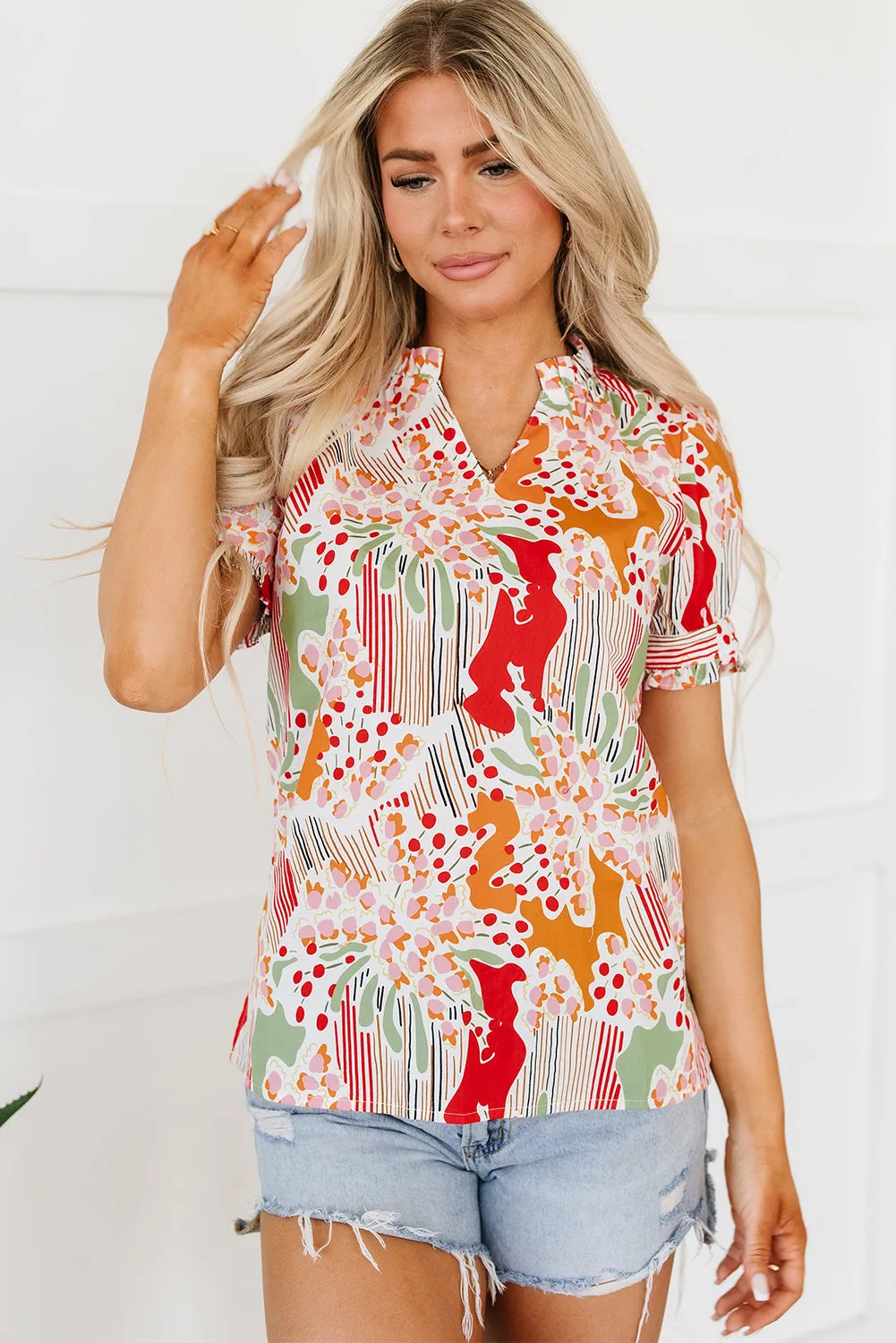 Pink Floral Print Button Frilled Short Sleeve Blouse