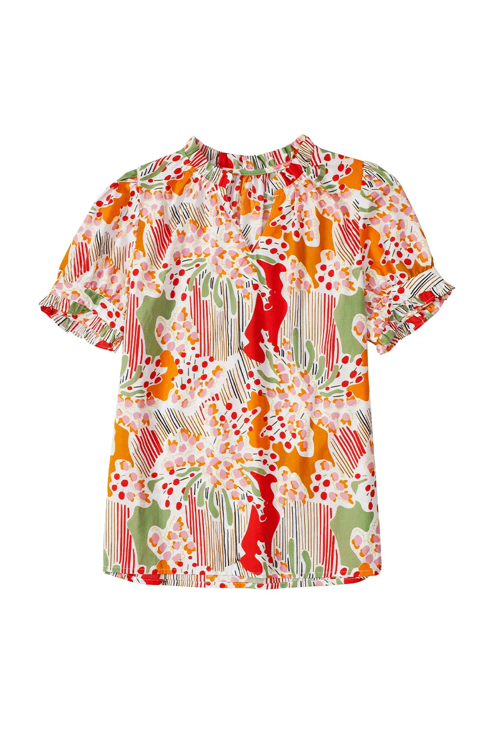 Pink Floral Print Button Frilled Short Sleeve Blouse