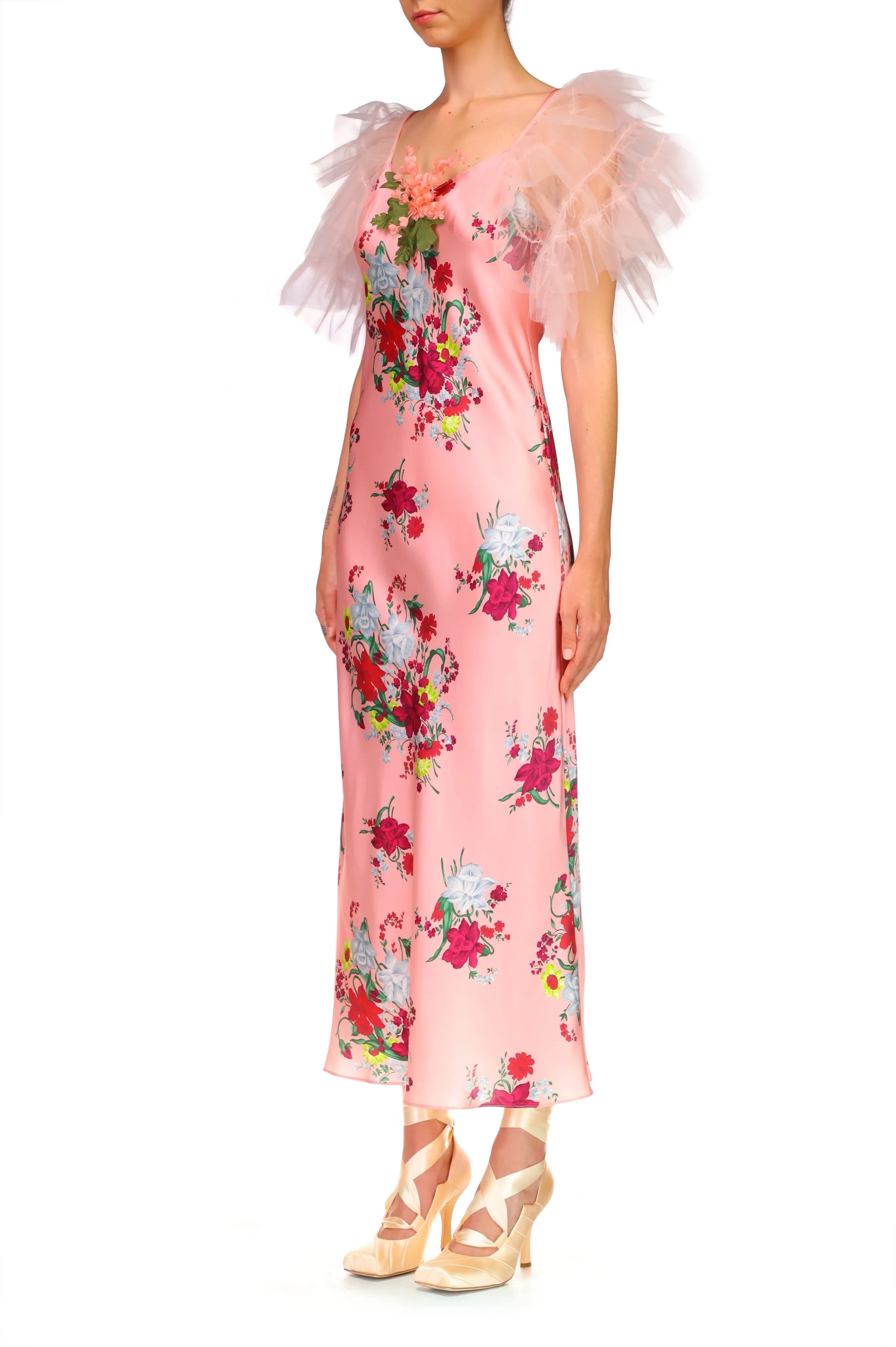 Pink Floral Silk Slip Dress With Ruffle Sleeves