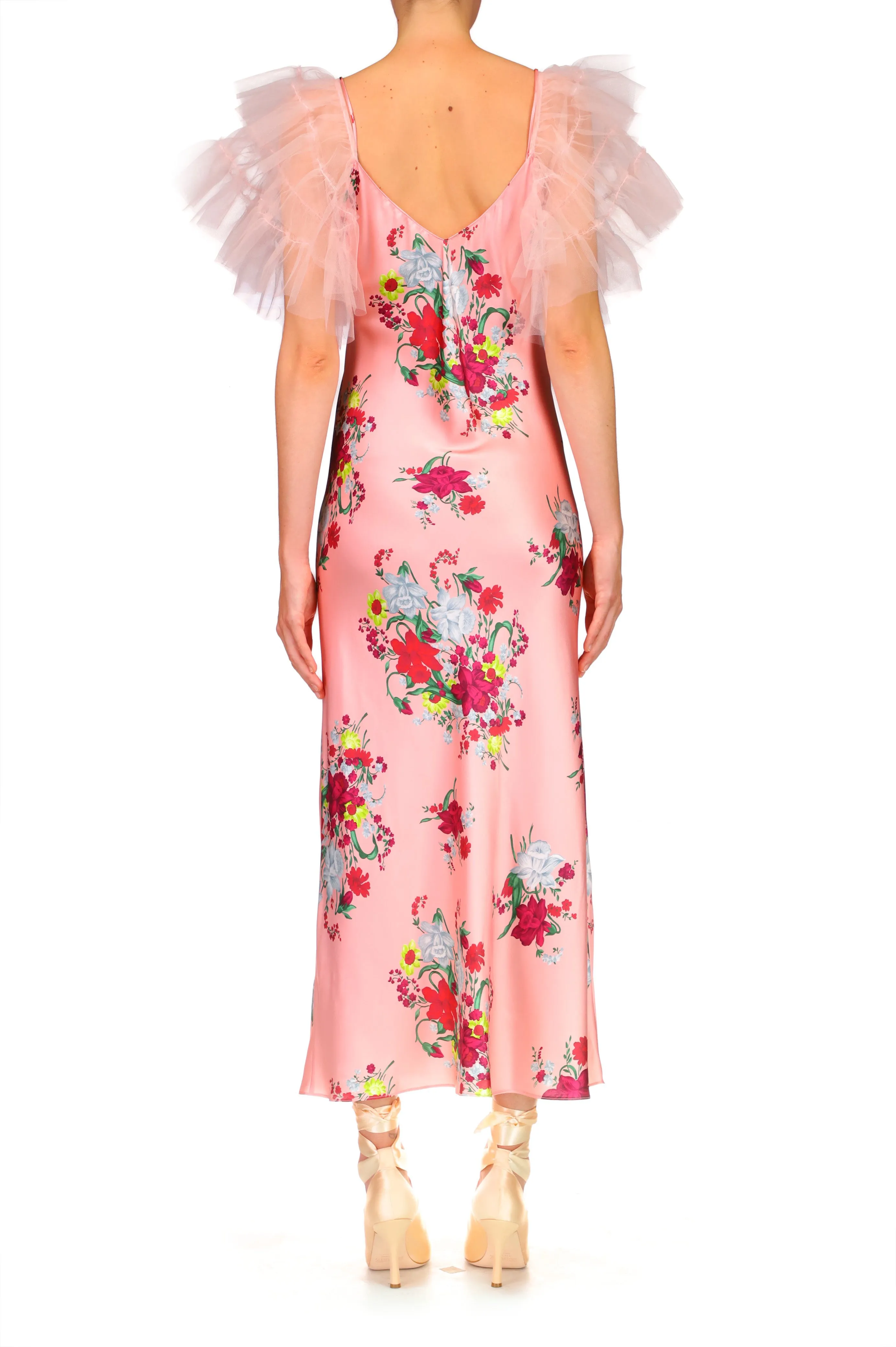 Pink Floral Silk Slip Dress With Ruffle Sleeves