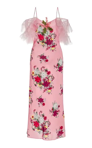 Pink Floral Silk Slip Dress With Ruffle Sleeves