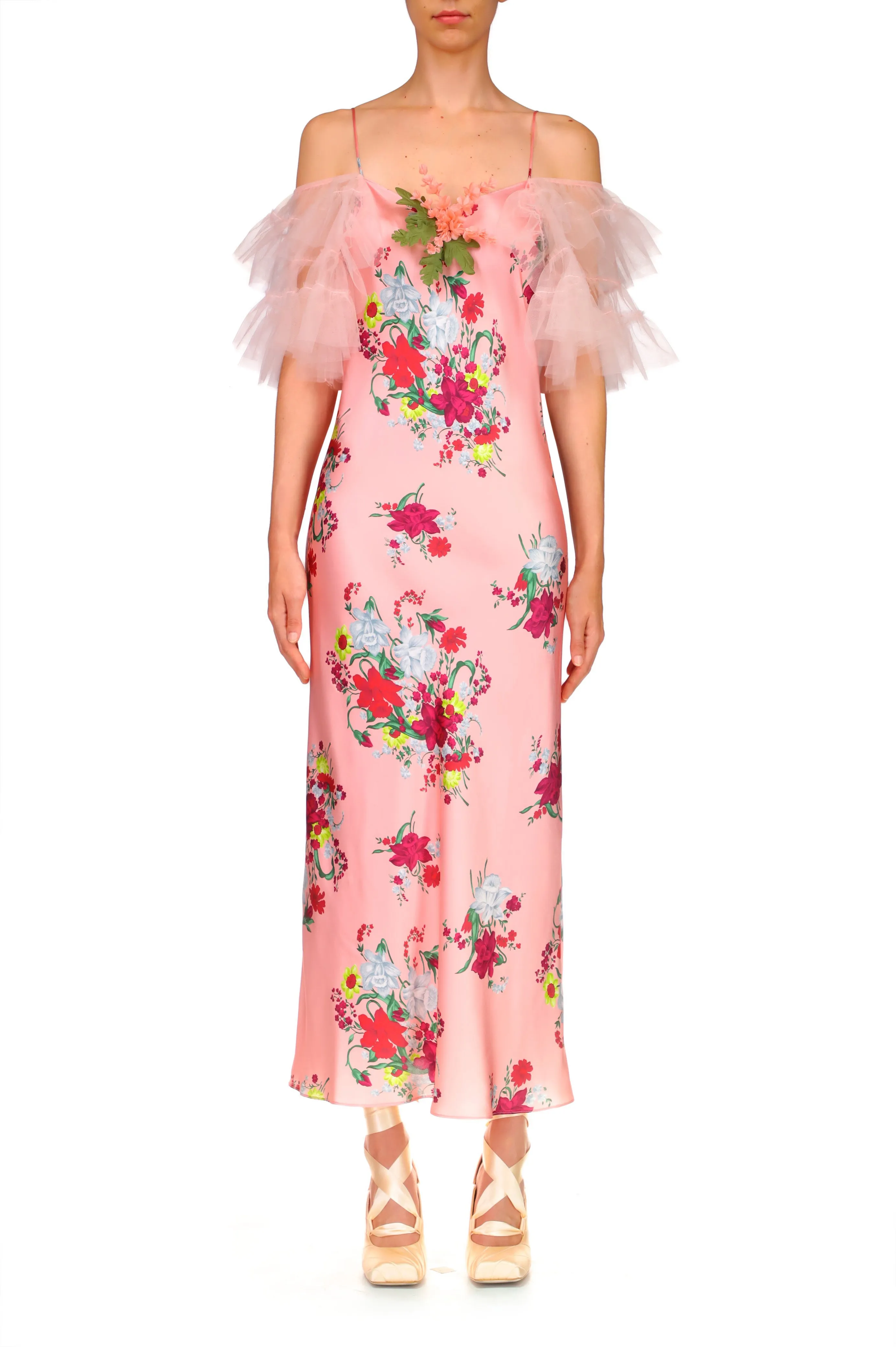 Pink Floral Silk Slip Dress With Ruffle Sleeves