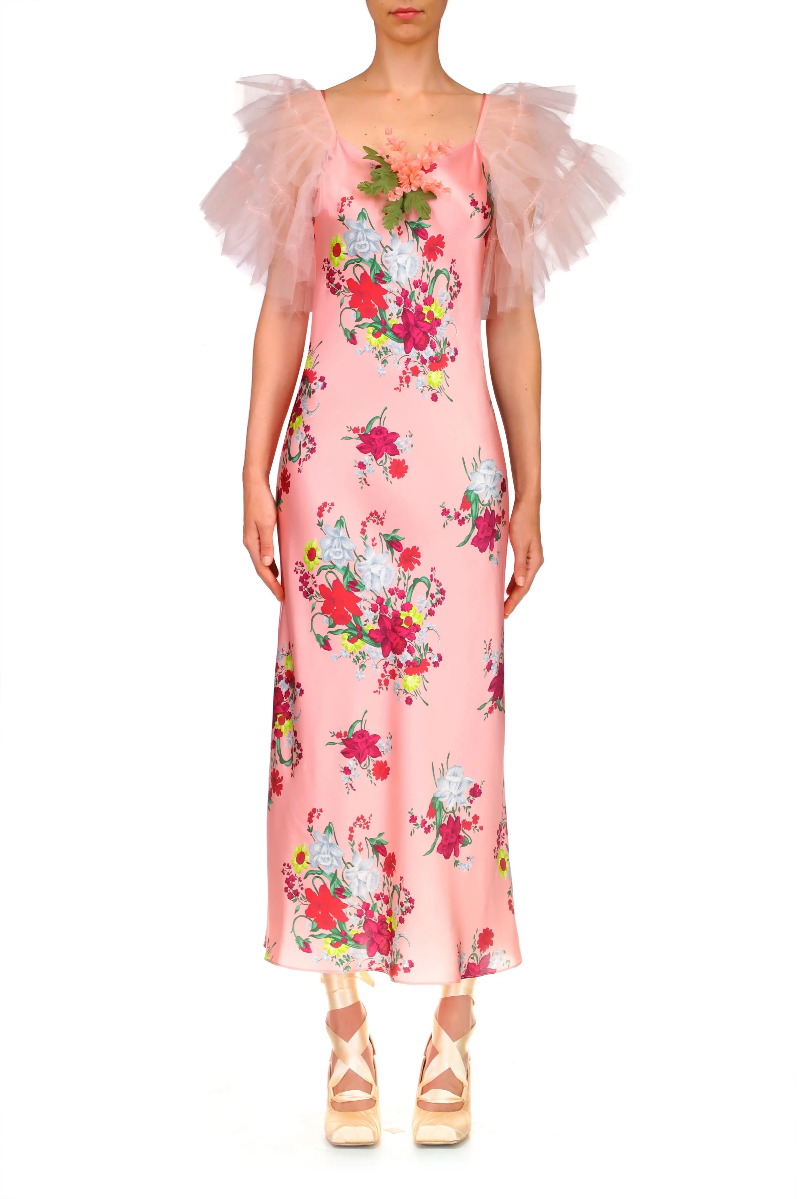 Pink Floral Silk Slip Dress With Ruffle Sleeves