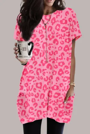 Pink Leopard Print Short Sleeve Tunic Top