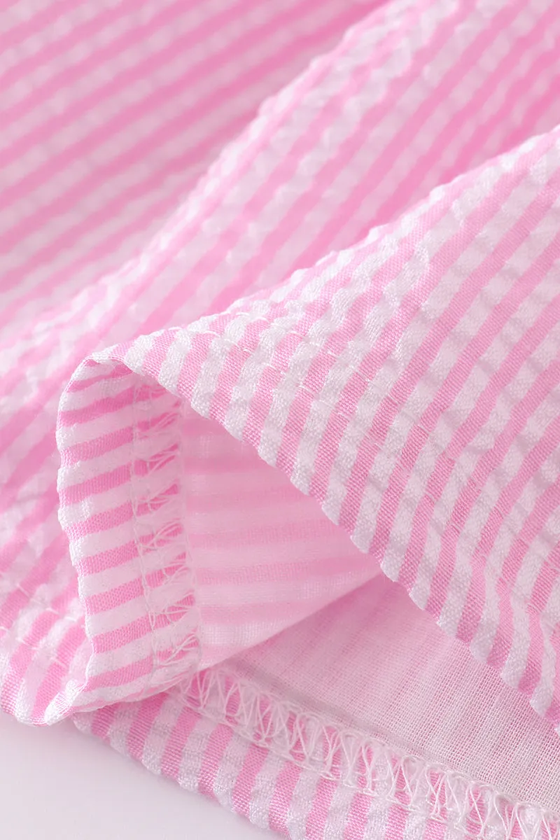 Pink Seersucker Cross Floral Embroidery Bloomer Set