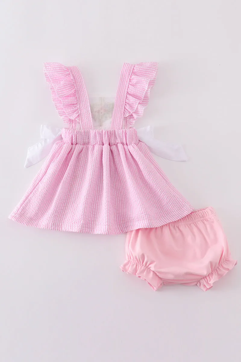 Pink Seersucker Cross Floral Embroidery Bloomer Set