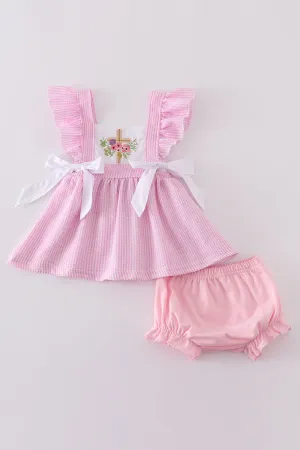 Pink Seersucker Cross Floral Embroidery Bloomer Set