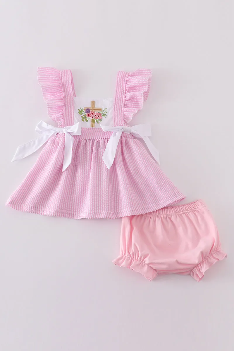 Pink Seersucker Cross Floral Embroidery Bloomer Set