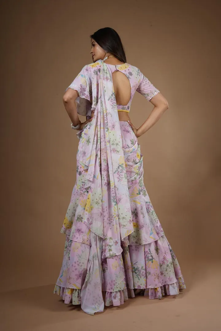Pink Viscose Botanical Printed Ruffled Lehenga Saree Set
