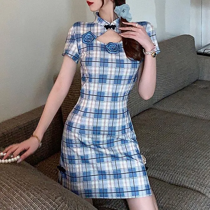 Plaid Blue Cheongsam SD00580