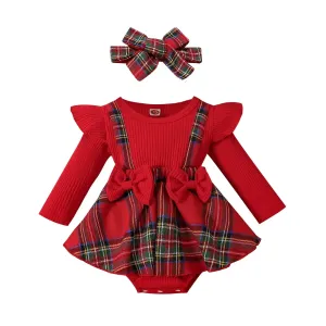 Plaid Bow Dress Long Sleeve With Headband
