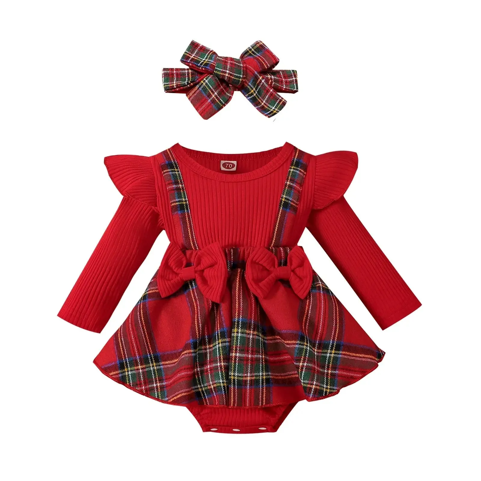 Plaid Bow Dress Long Sleeve With Headband