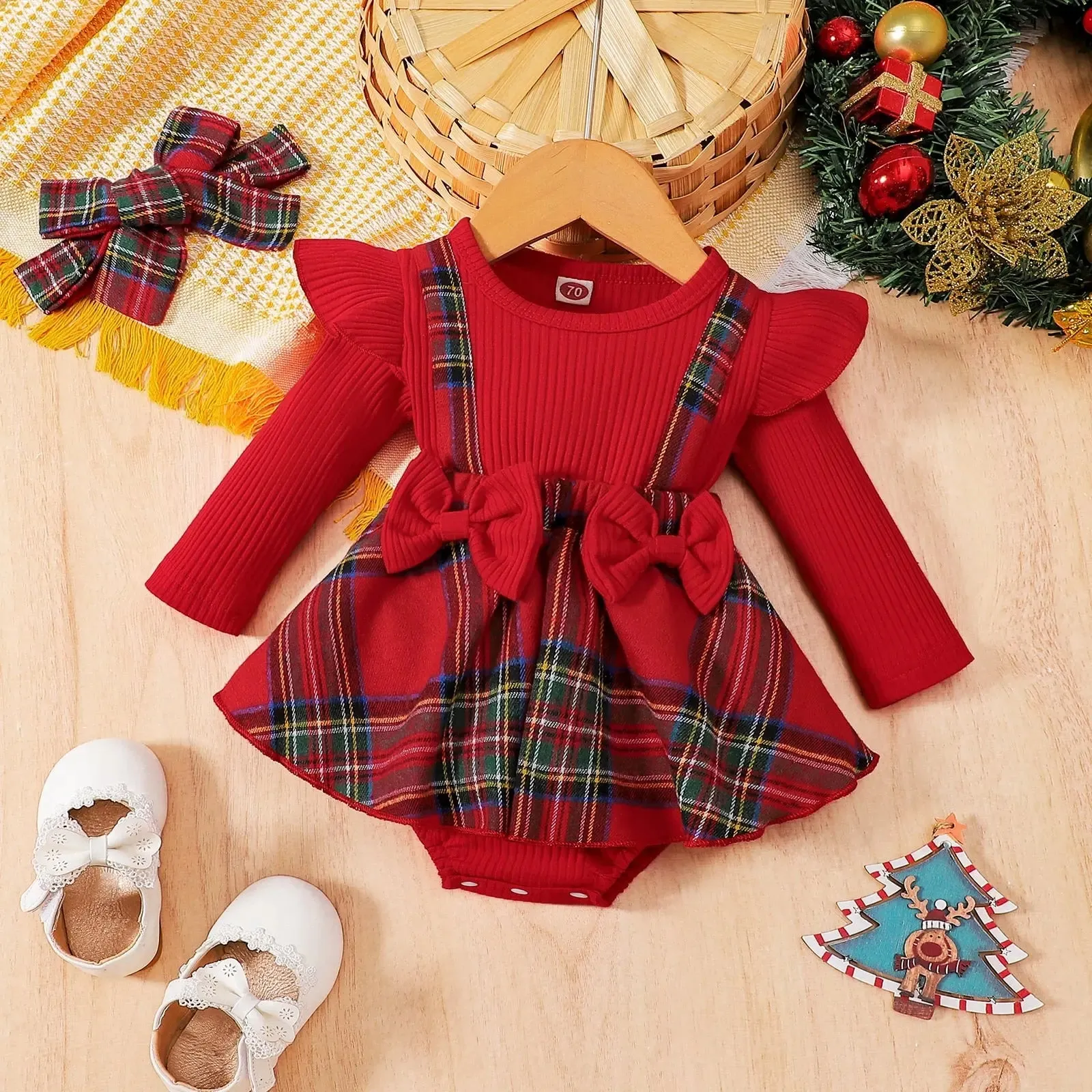 Plaid Bow Dress Long Sleeve With Headband
