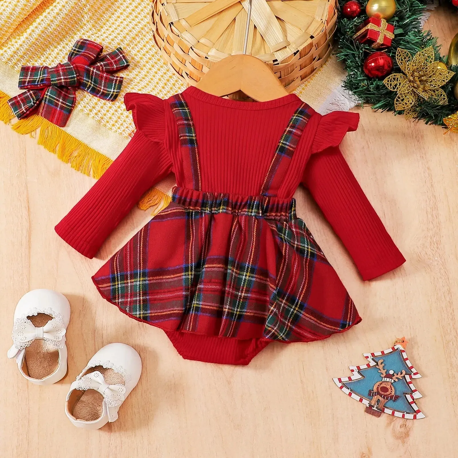 Plaid Bow Dress Long Sleeve With Headband