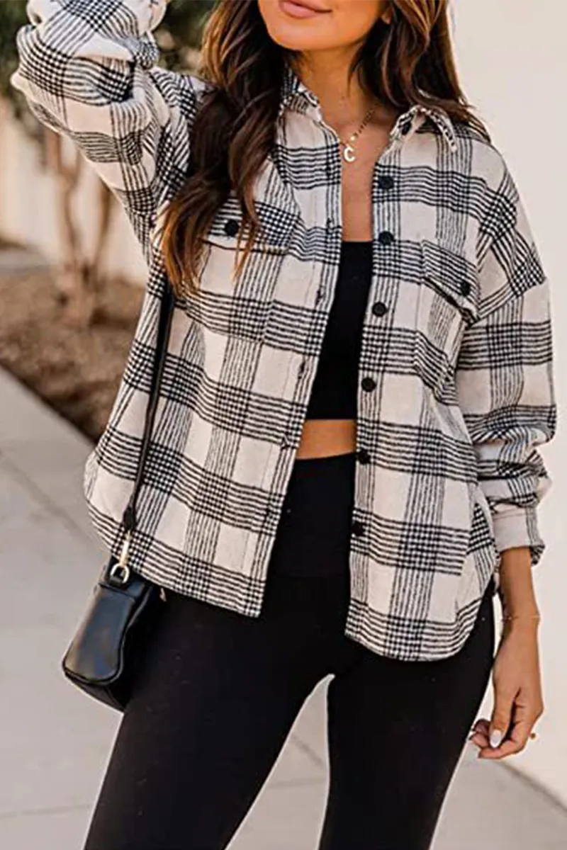 Plaid Buckle Turndown Collar Tops