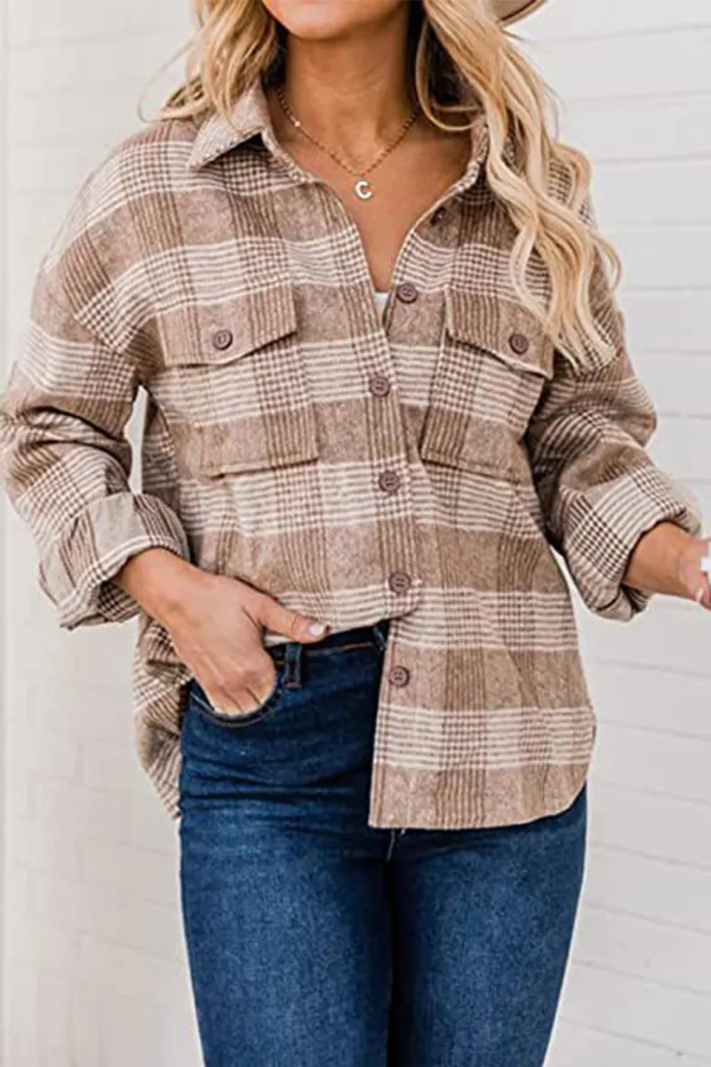 Plaid Buckle Turndown Collar Tops