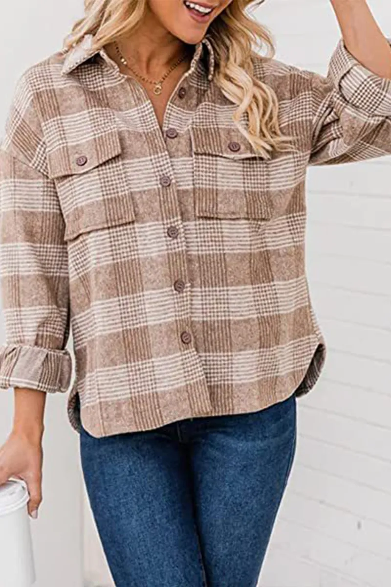 Plaid Buckle Turndown Collar Tops