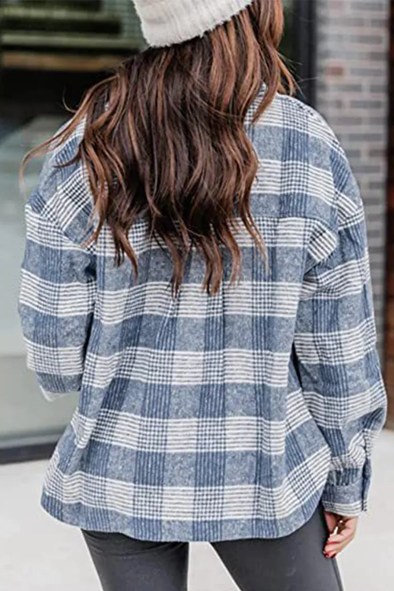 Plaid Buckle Turndown Collar Tops