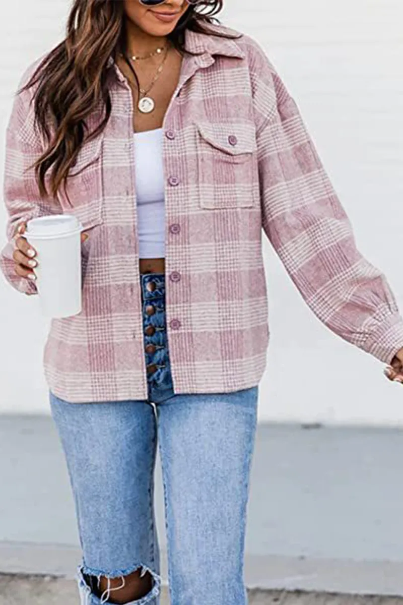 Plaid Buckle Turndown Collar Tops