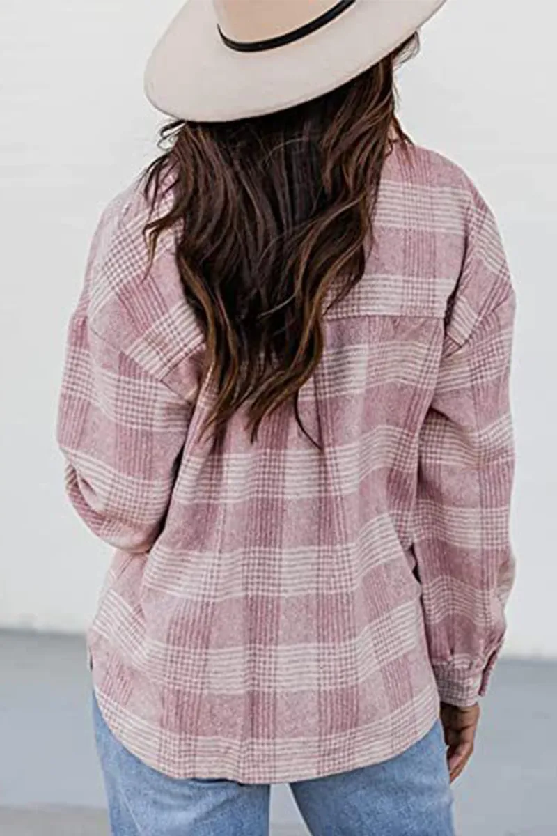 Plaid Buckle Turndown Collar Tops