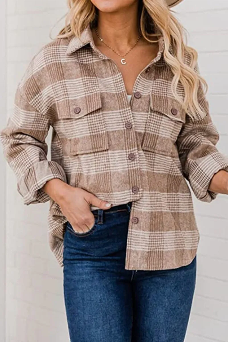 Plaid Buckle Turndown Collar Tops