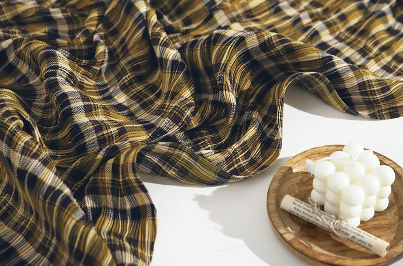 Plaid Checkered Poly Wide Width Fabric with Ribbed Wave Pleats - In Mustard - Quality Korean Fabric By the Yard - 53723GJ