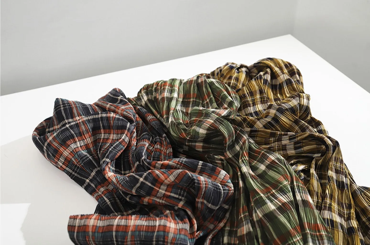 Plaid Checkered Poly Wide Width Fabric with Ribbed Wave Pleats - In Mustard - Quality Korean Fabric By the Yard - 53723GJ
