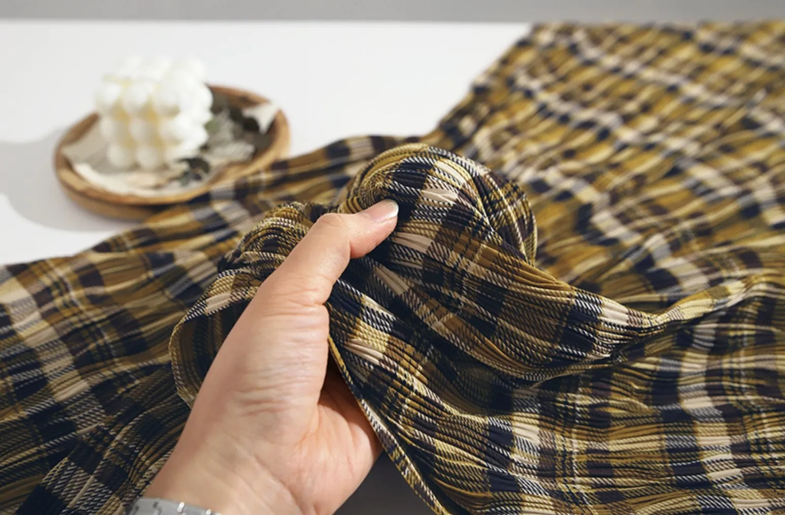 Plaid Checkered Poly Wide Width Fabric with Ribbed Wave Pleats - In Mustard - Quality Korean Fabric By the Yard - 53723GJ