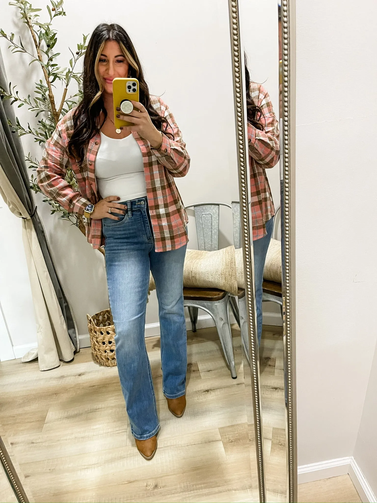 Plaid Collared Neck Long Sleeve Button-Up Shirt