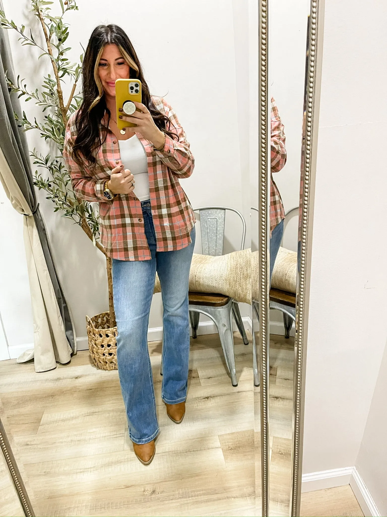Plaid Collared Neck Long Sleeve Button-Up Shirt