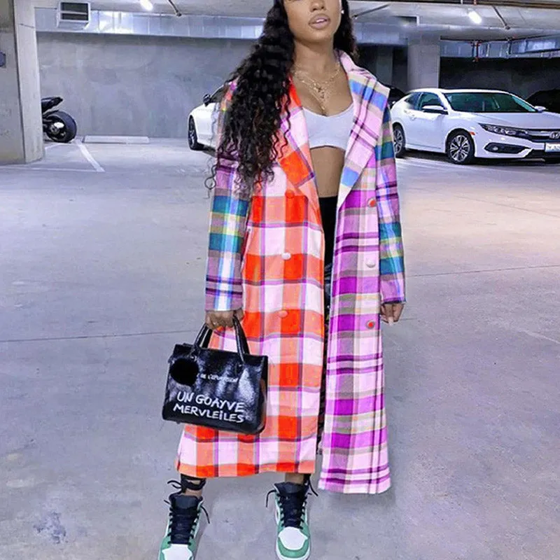 Plaid Colorblock Long Sleeve Coat