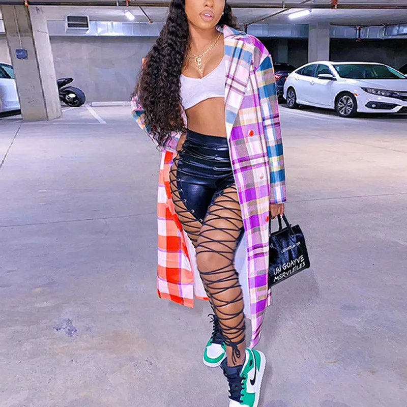 Plaid Colorblock Long Sleeve Coat