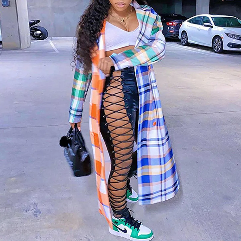 Plaid Colorblock Long Sleeve Coat