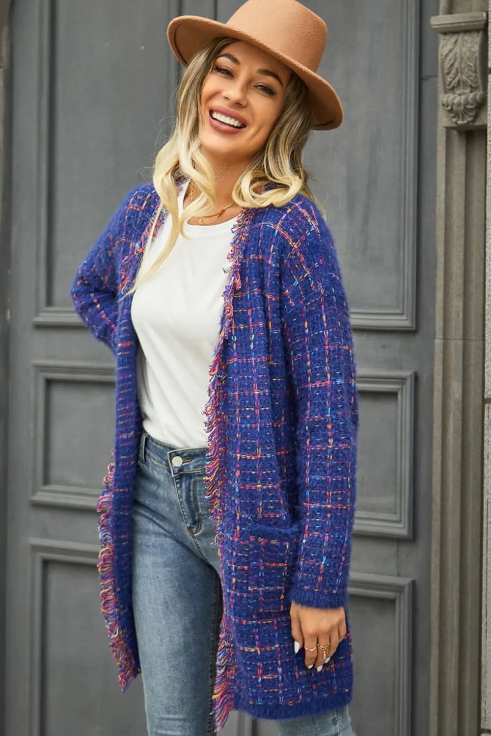 Plaid Fringe Cardigan