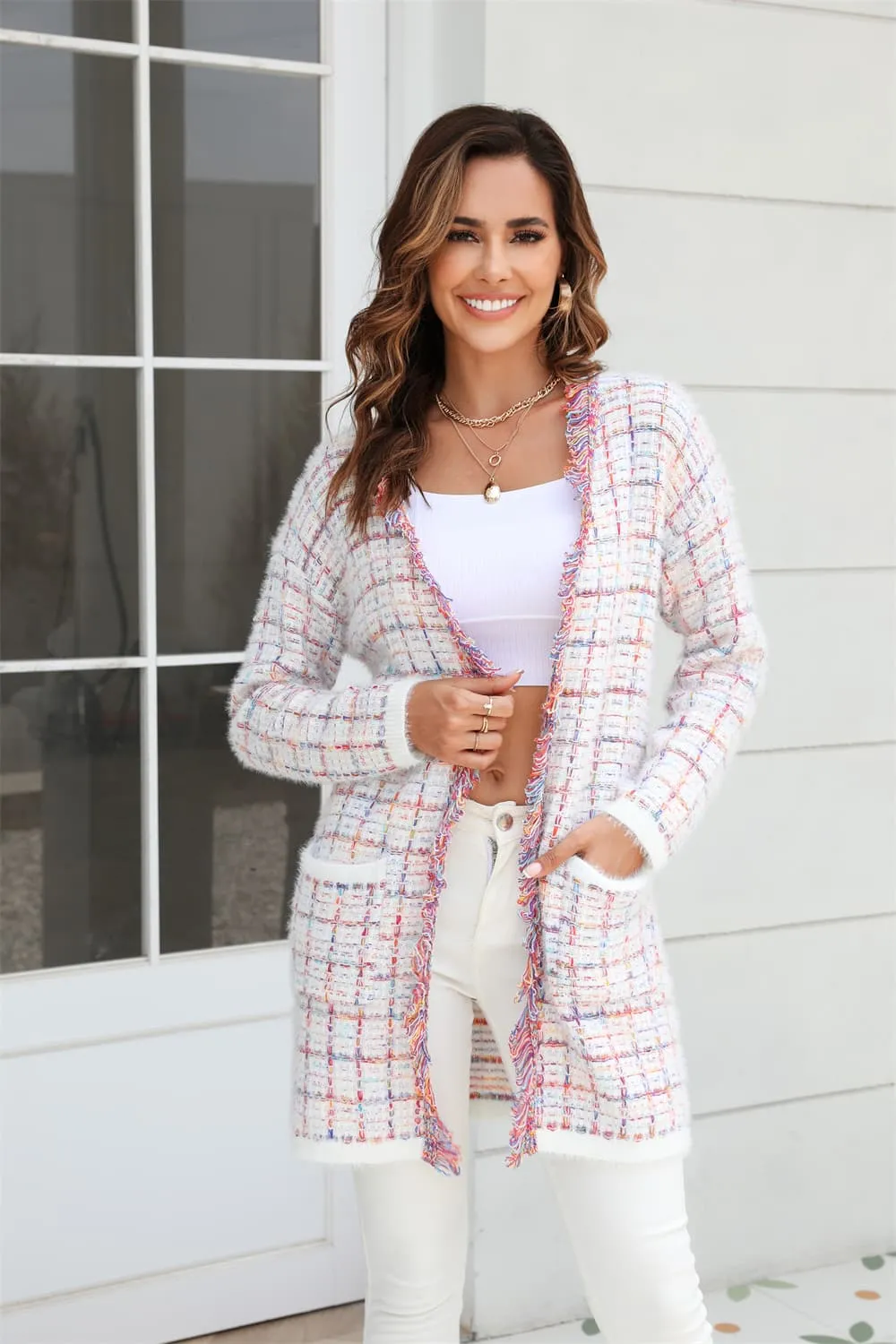 Plaid Fringe Cardigan