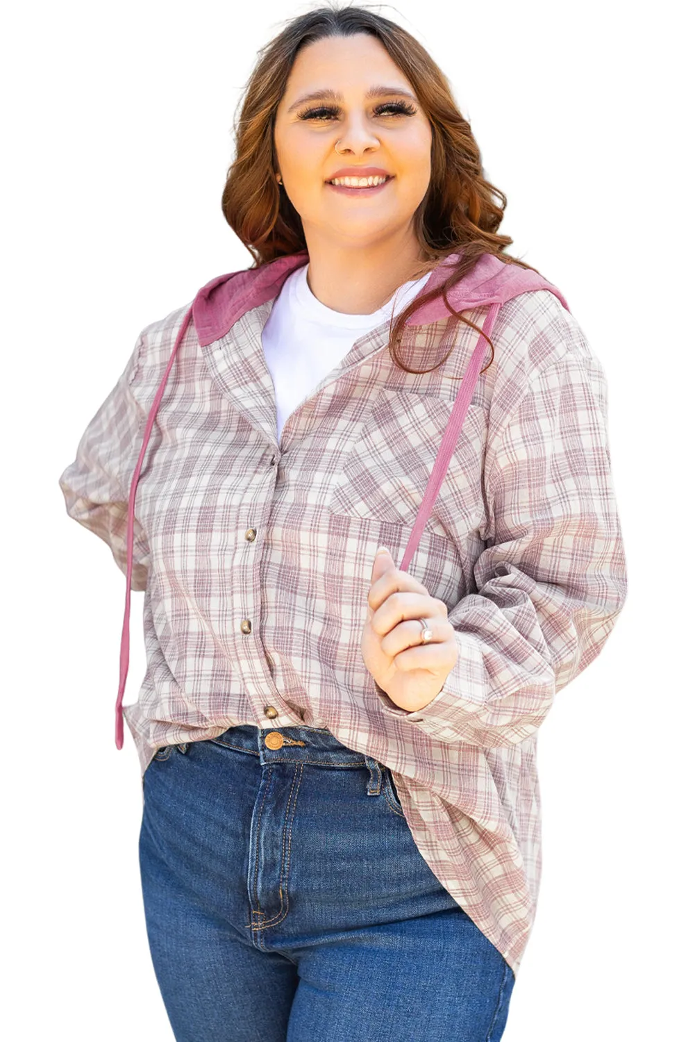 Plaid Hooded Button-up Plus Size Shirt