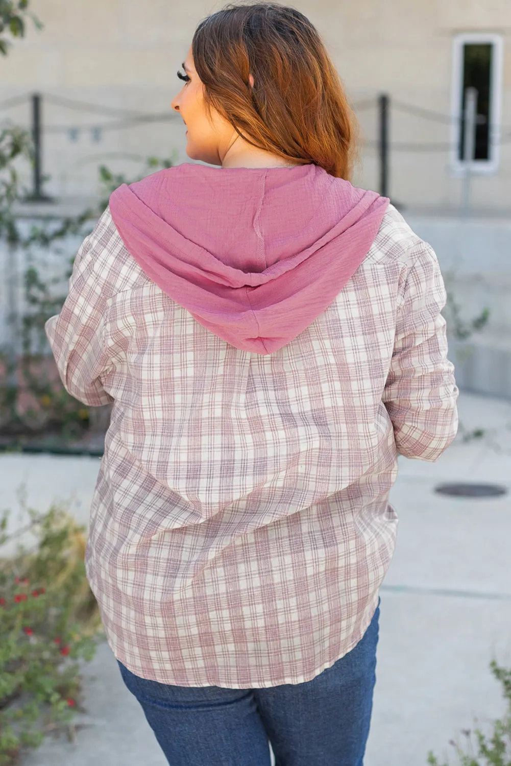 Plaid Hooded Button-up Plus Size Shirt