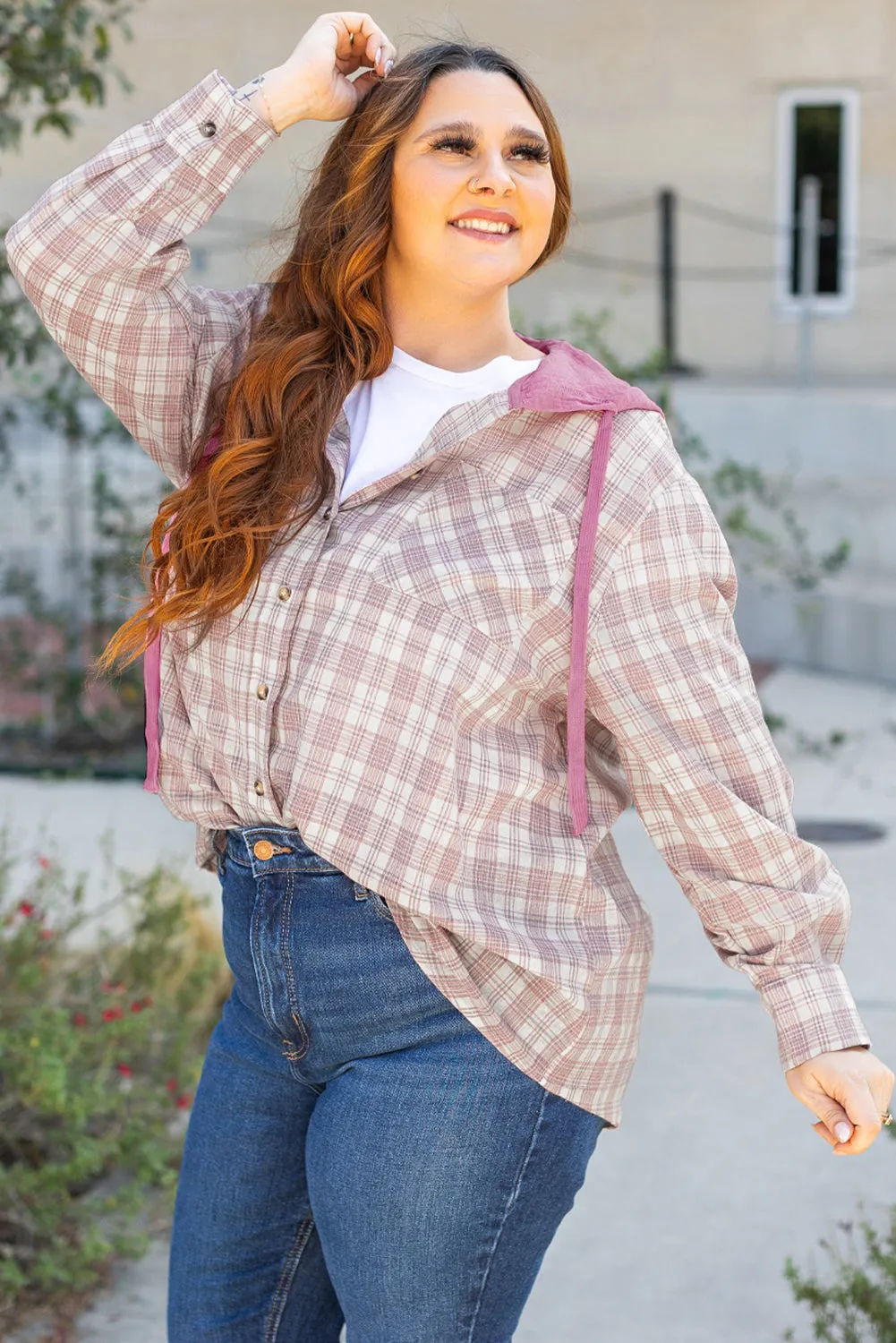 Plaid Hooded Button-up Plus Size Shirt